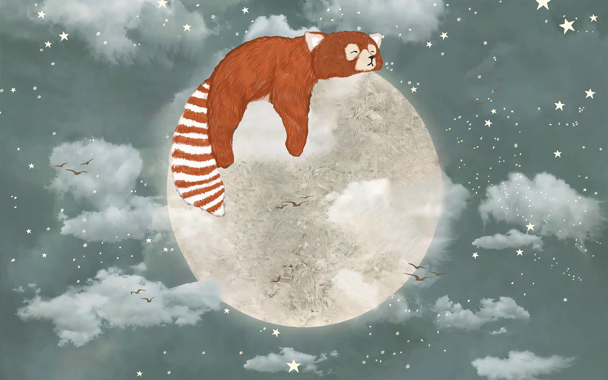 Papier peint petit panda roux sur la lune