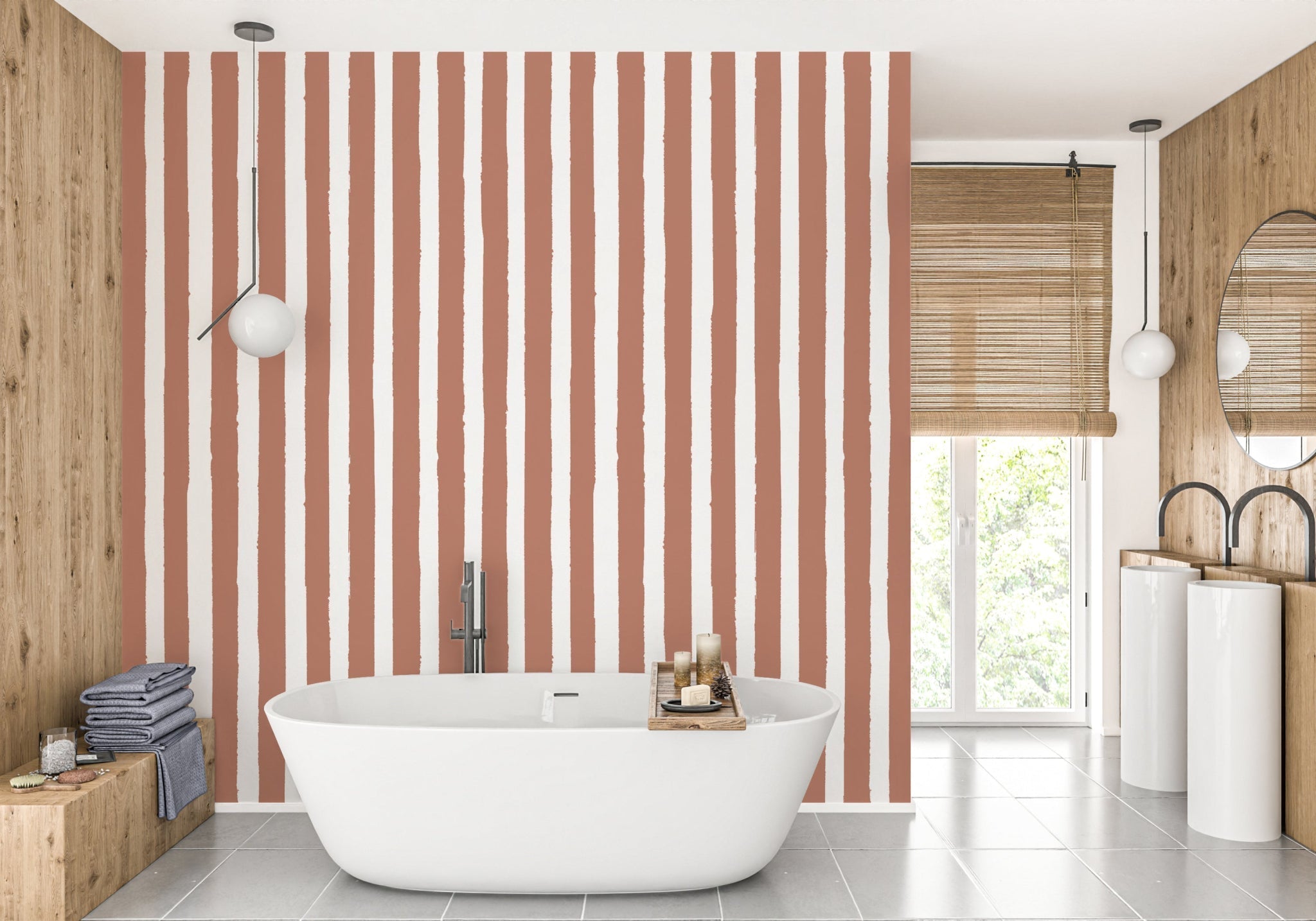 Papier Peint Salle de Bain Rayure Rétro Terracotta - Kam & Leon