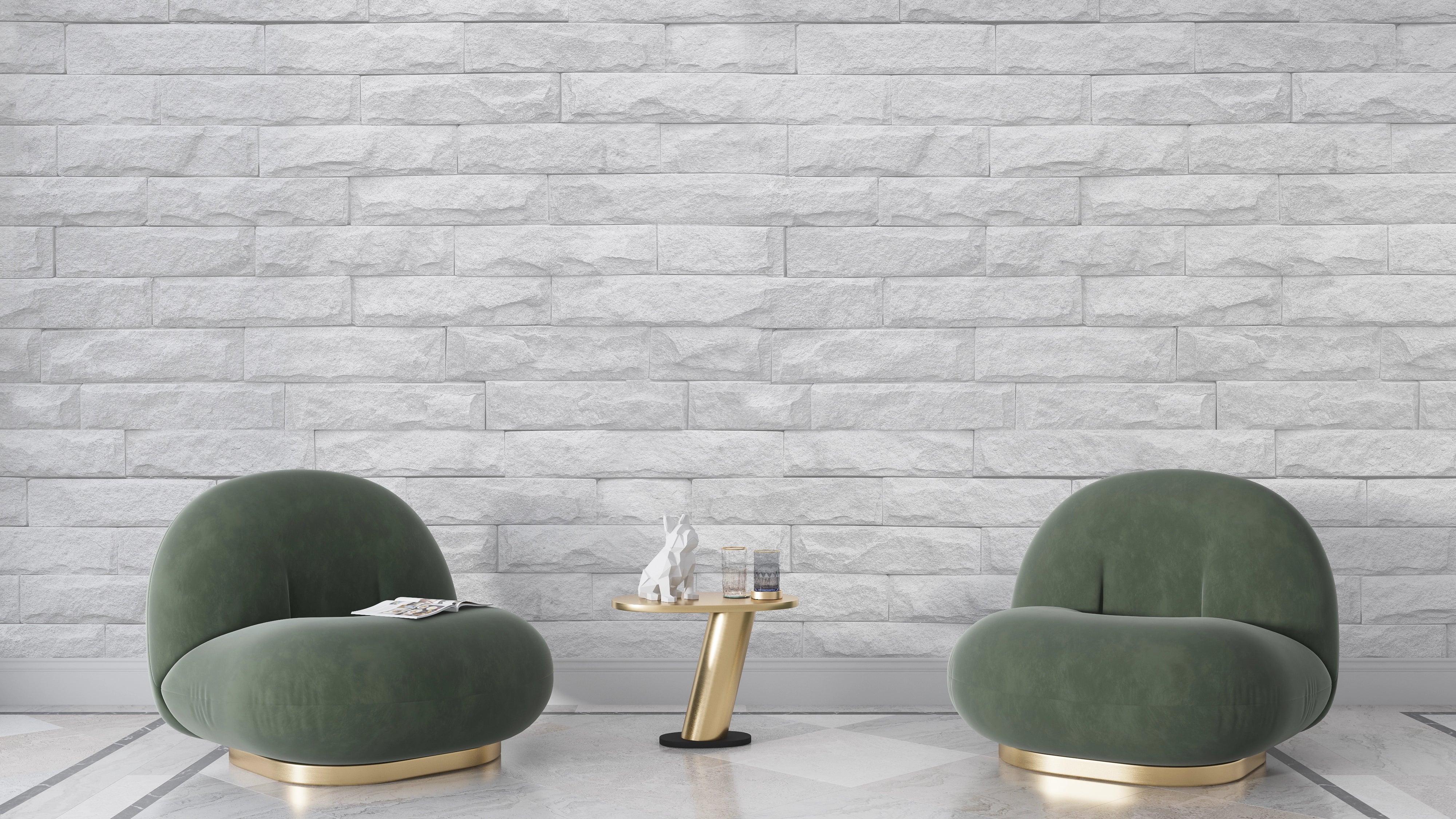 White brick trompe l'oeil wallpaper