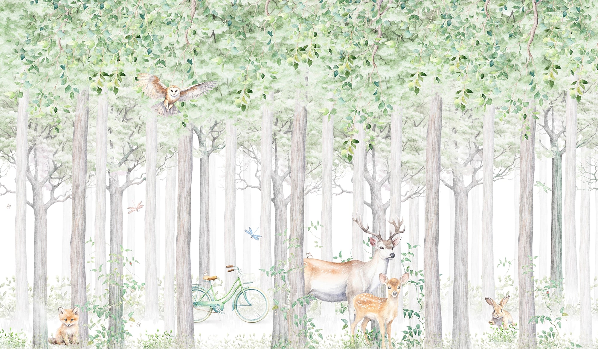 Deer in the forest panoramic wall tapestry